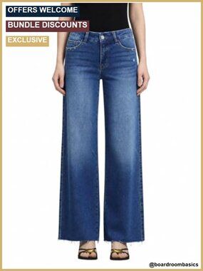 Wide Leg Raw Hem Jeans Mid Rise High Stretch Denim Pants